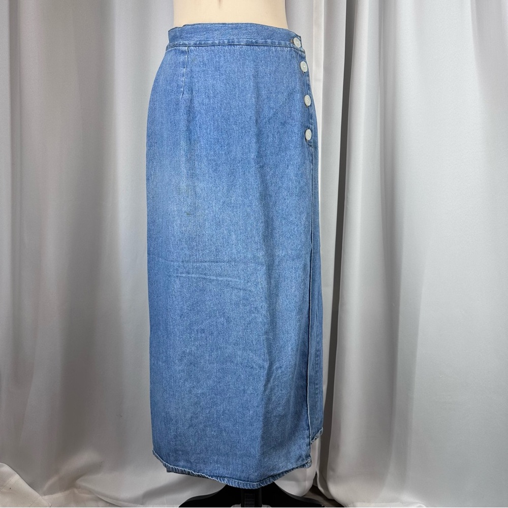 Vintage 90s Chambray Wrap Skirt Sz 11/12 100% Cotton‎ Midi Button Closure Boho